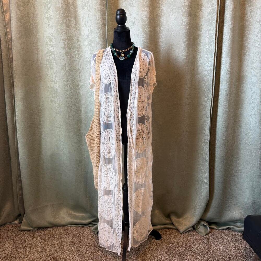 Sheer Lace Medallion Crochet Duster Kimono
